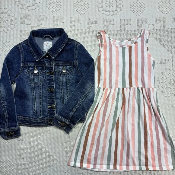 The Children's Place Blue Denim Jacket with Pink, Green & Brown Striped Dress - Picture 2 of 13